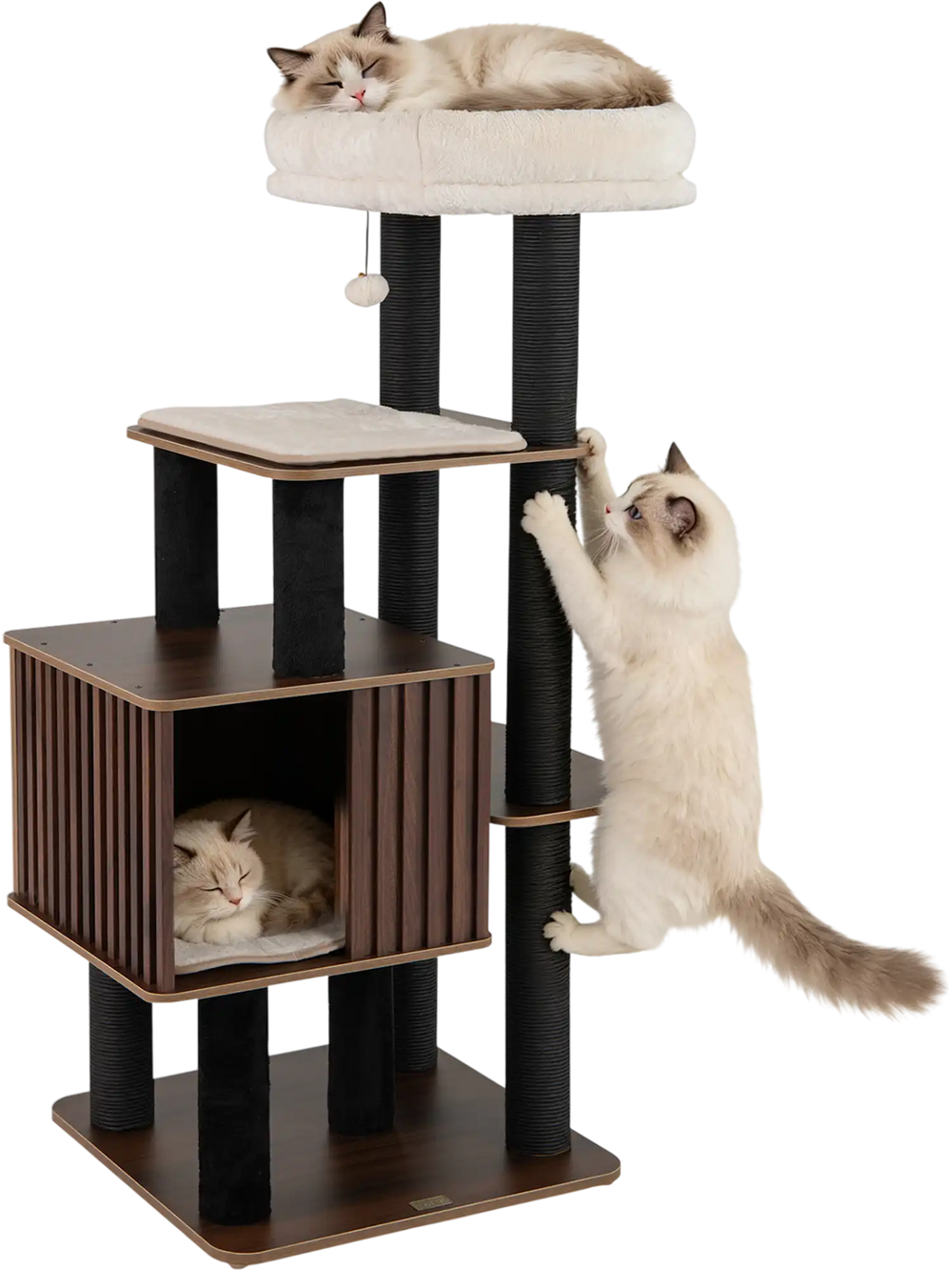 Multi-level 53.5 inch tall cat tree with wooden tower, cozy condo, and padded top perch for indoor cats.