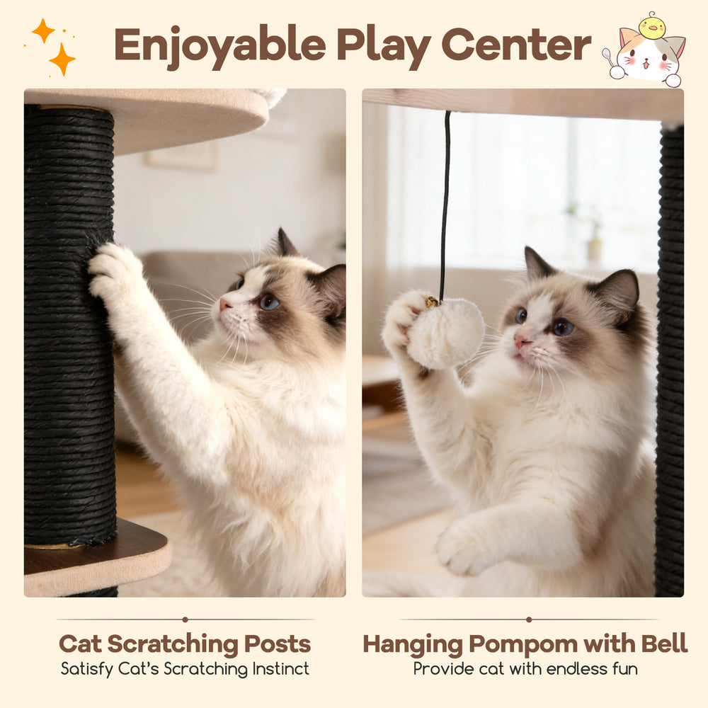 Cat tree featuring sturdy scratching posts and a hanging pompom with bell for indoor play and relaxation.