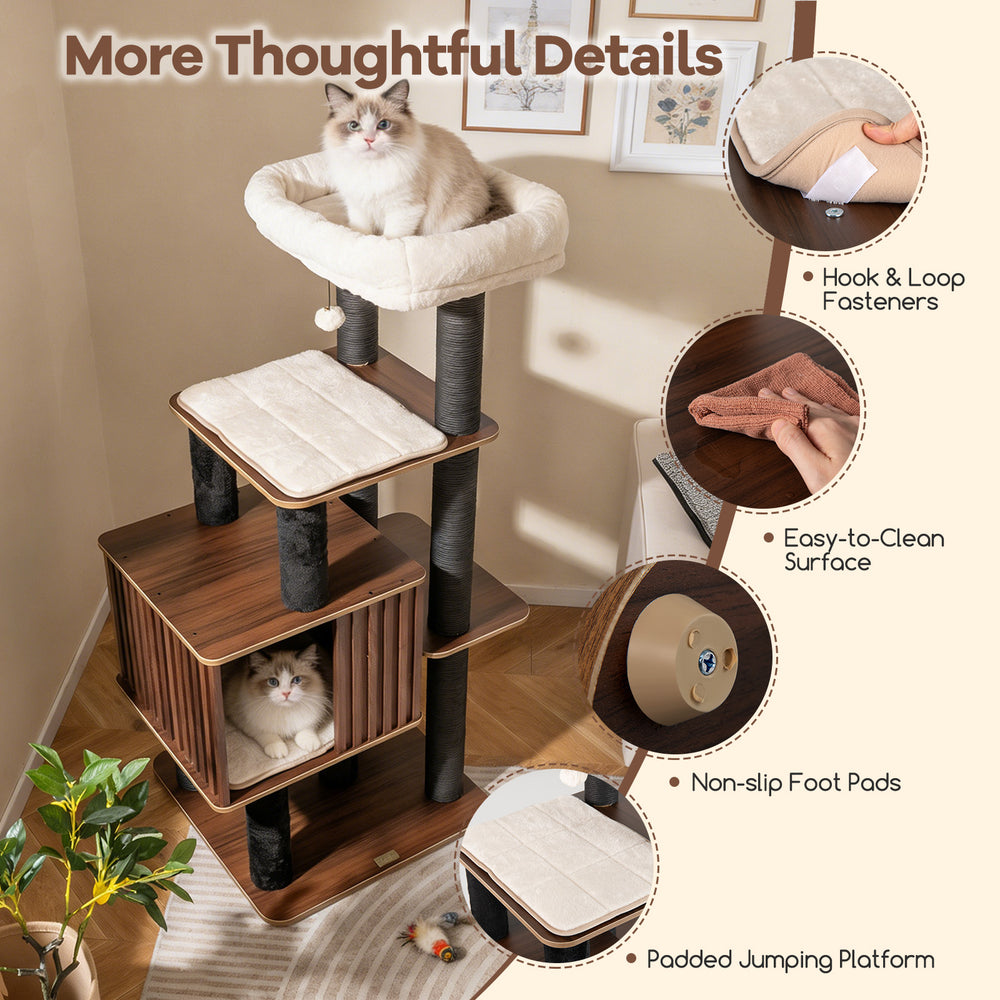 Multi-level 53.5-inch tall cat tree with soft padded top perch, spacious condo, and sturdy scratching posts for indoor.