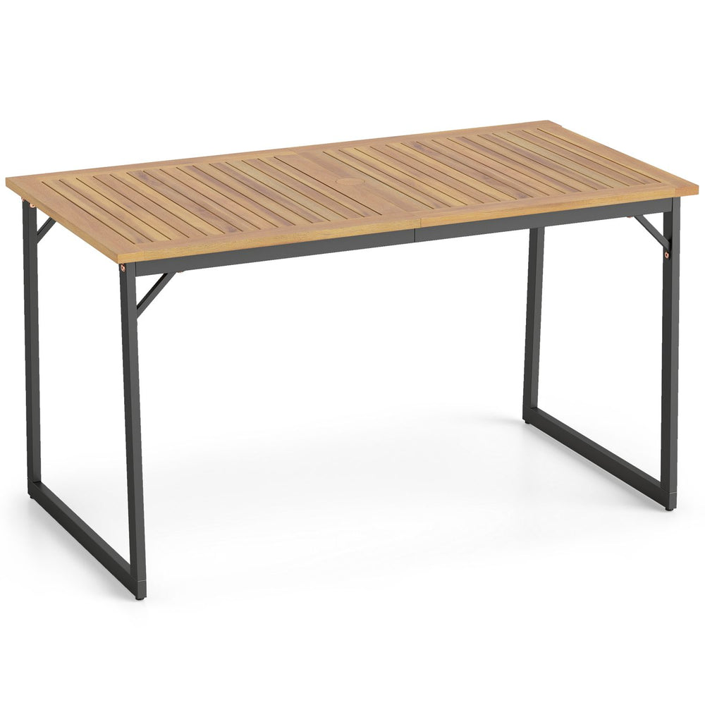Acacia wood patio dining table with a 1.97" umbrella hole, designed for up to 6 guests, ideal for outdoor gatherings.