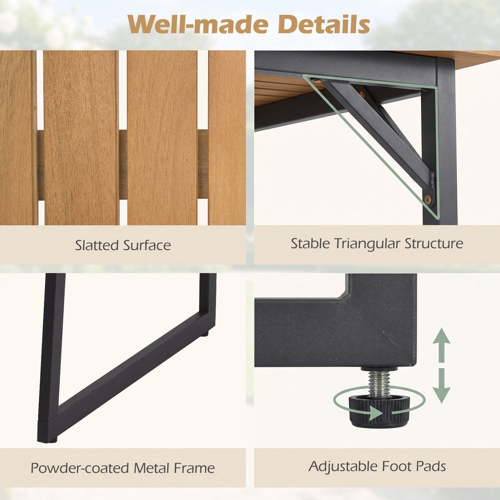 53" acacia wood patio dining table with slatted surface, stable triangular structure, and 1.97" umbrella hole for outdoor use.