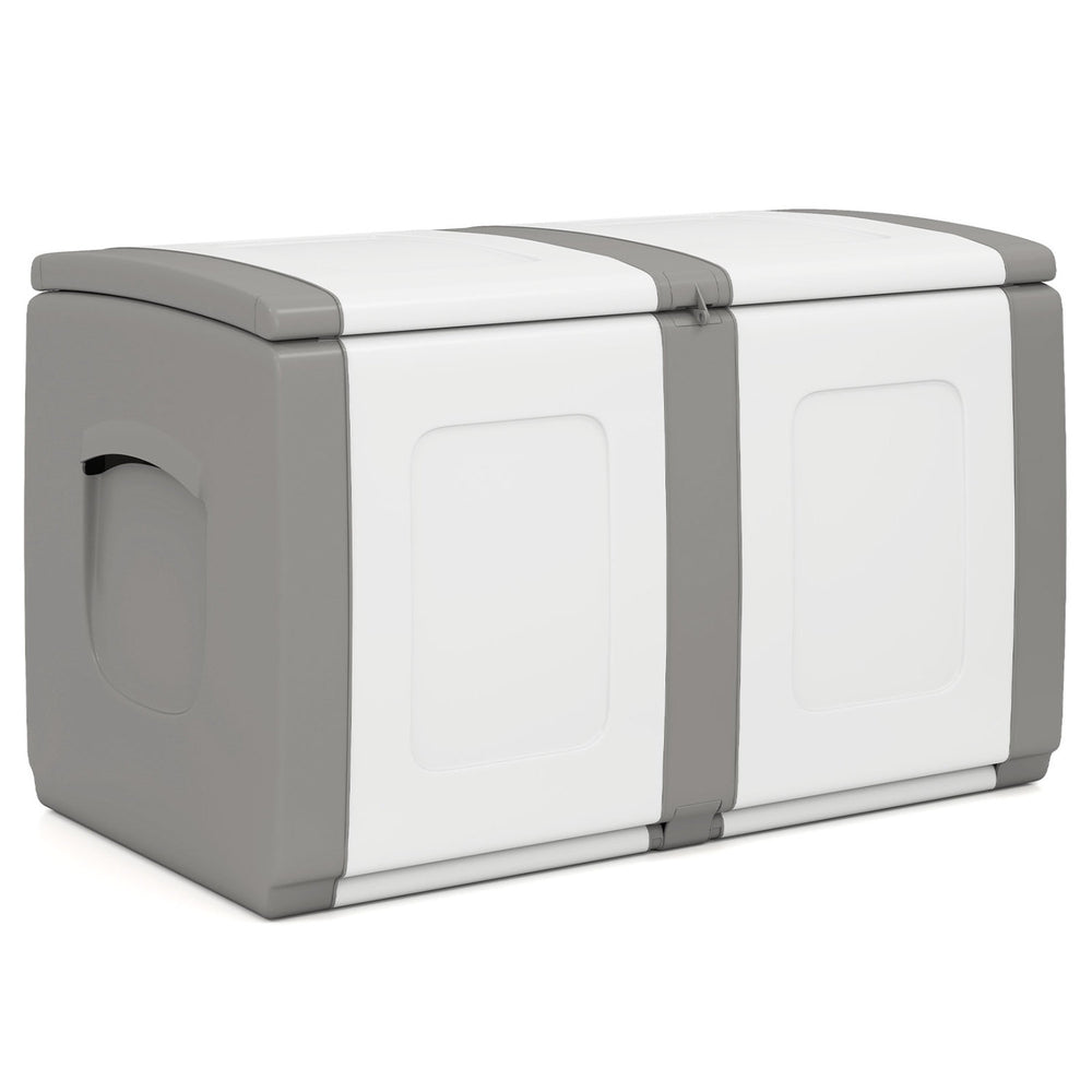 53-gallon gray patio container with lockable lid, waterproof design, stylish dual-tone, ideal for outdoor storage.