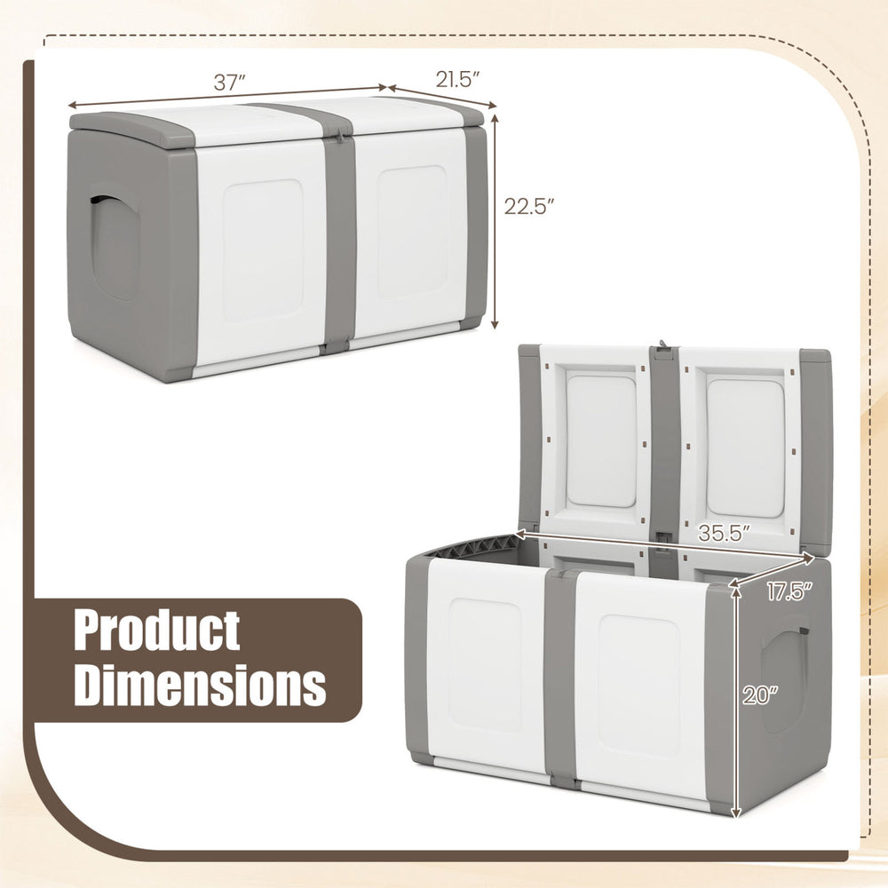 53-gallon patio container with lockable lid, showcasing dimensions and dual-tone design for outdoor storage.