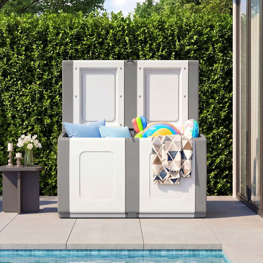 Gray 53-gallon patio container with lockable lid, ideal for outdoor storage and doubles as a side table.