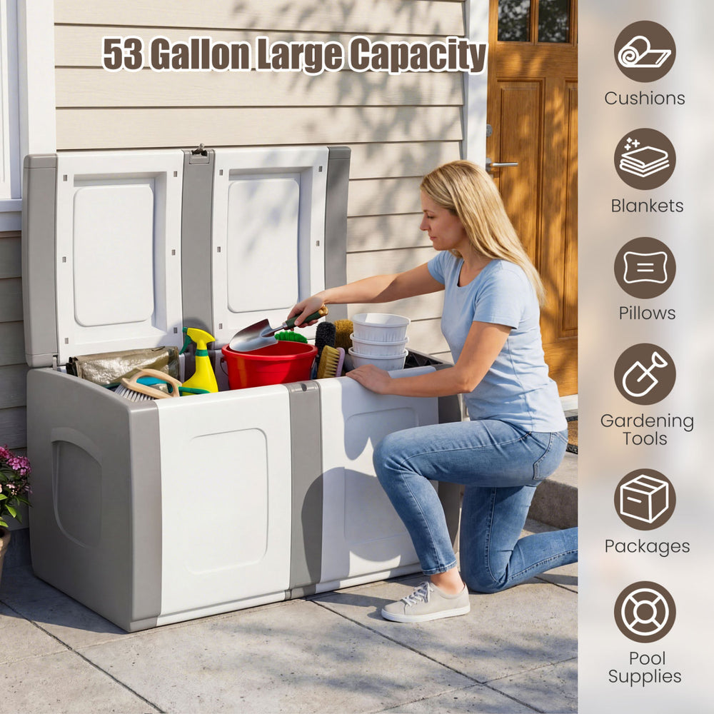 53-gallon patio container in gray with lockable lid, ideal for storing outdoor supplies and doubling as a side table.