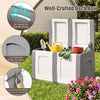 53-gallon gray patio container with lockable lid, side handles, and air vents for breathable outdoor storage.
