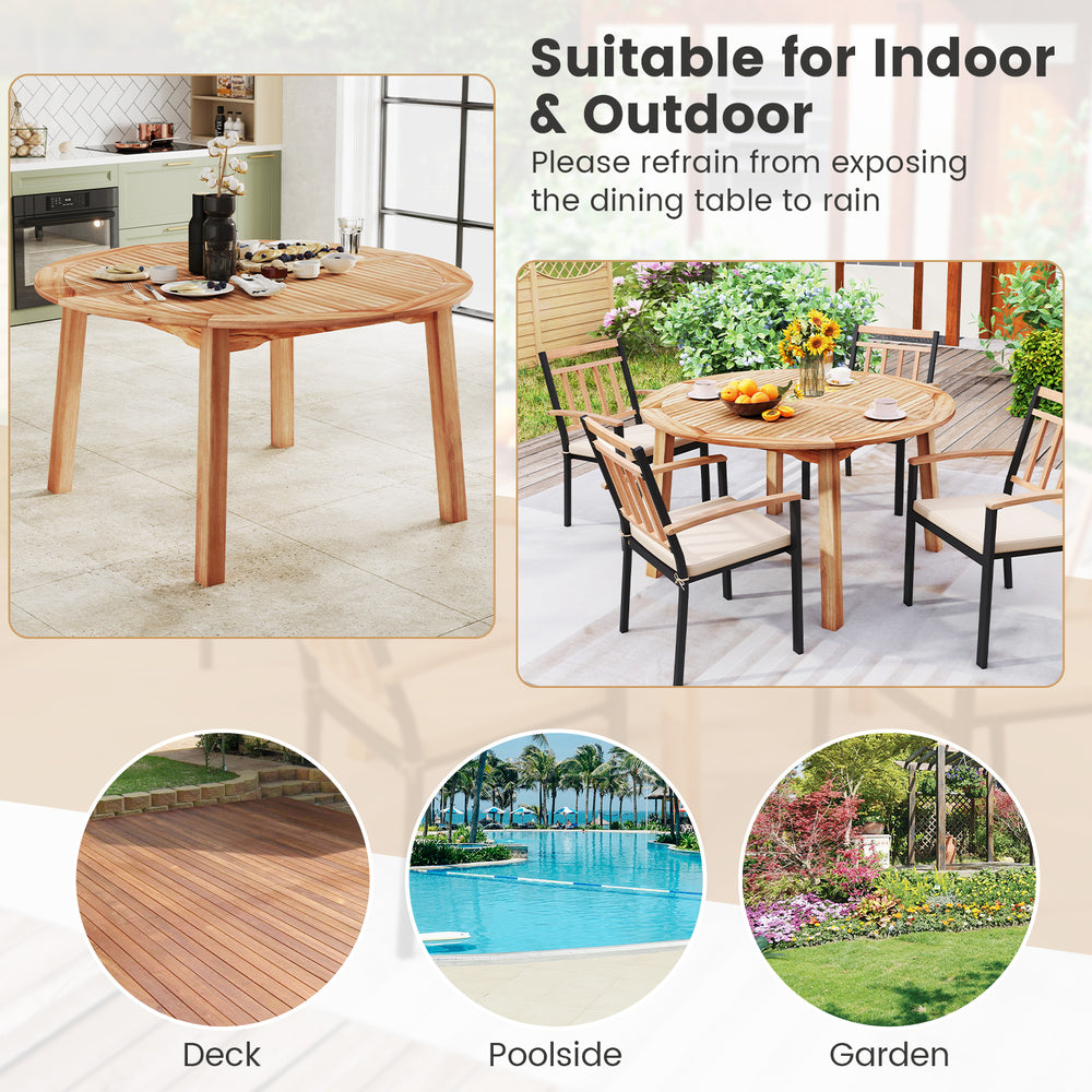 53-inch acacia wood dining table for 4-6 people, featuring a slatted top and umbrella hole, ideal for outdoor use.