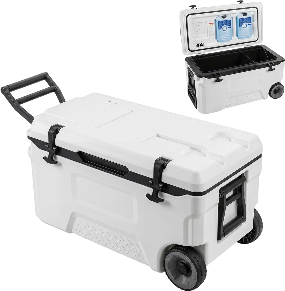 Portable 53 quart rolling cooler in white with fish ruler, 2 ice bags, and easy-grip handles for outdoor activities.