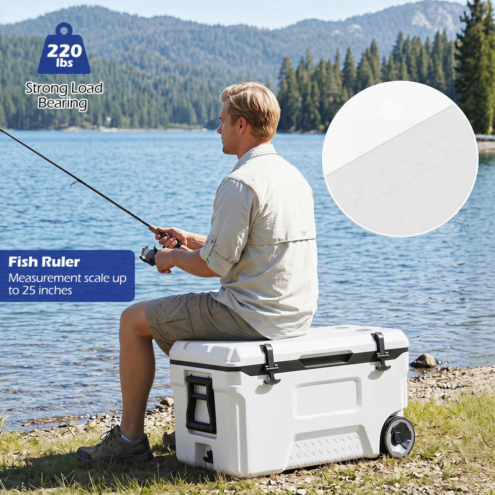 Portable 53 quart rolling cooler in white features a fish ruler, sturdy design, and easy transportation for outdoor activities.