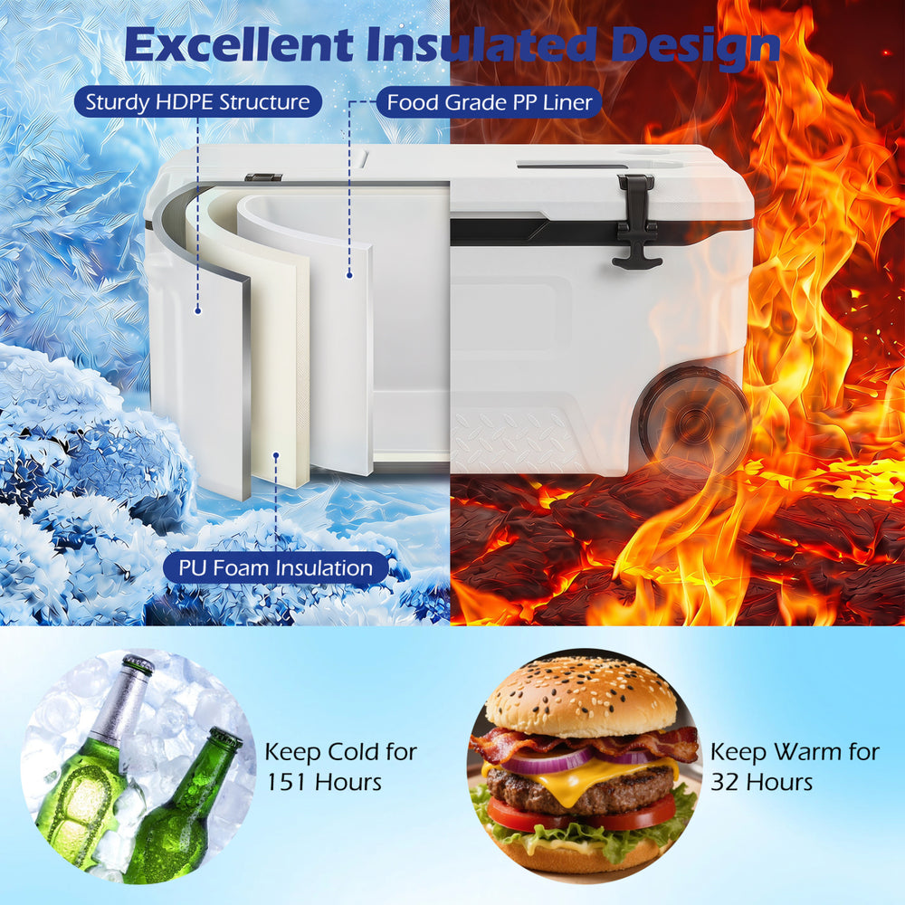 53 quart portable rolling cooler with sturdy HDPE structure, food grade PP liner, and excellent insulation for outdoor use.