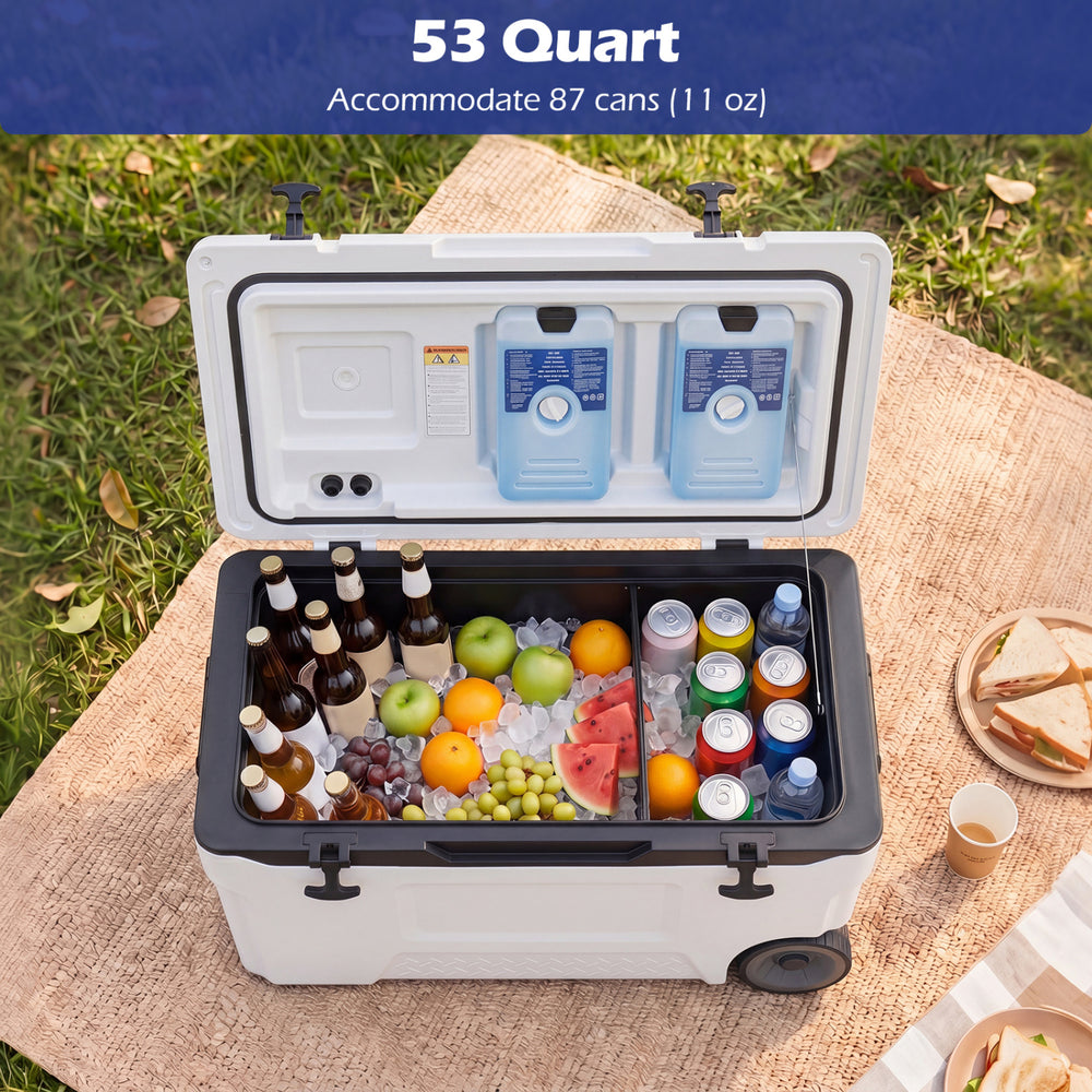 53 quart portable rolling cooler with fish ruler, accommodating 87 cans, ideal for camping, fishing, and picnics.