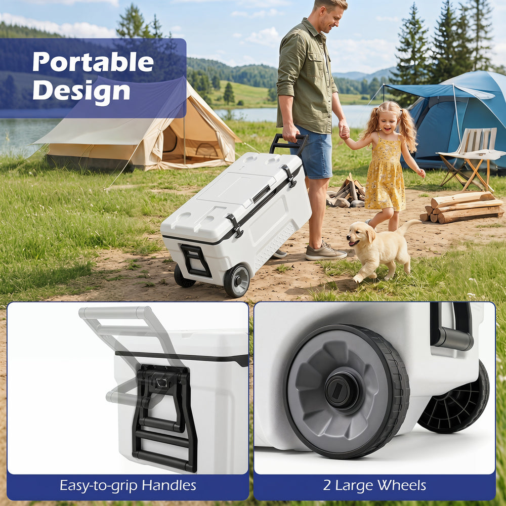 Portable 53 Quart Rolling Cooler features easy-to-grip handles, large wheels, and a fish ruler for outdoor adventures.