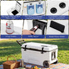 53-quart portable rolling cooler features cup holders, bottle opener, and fish ruler, ideal for camping and outdoor activities.