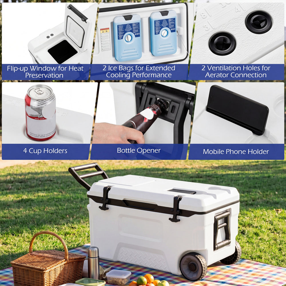 53-quart portable rolling cooler features cup holders, bottle opener, and fish ruler, ideal for camping and outdoor activities.