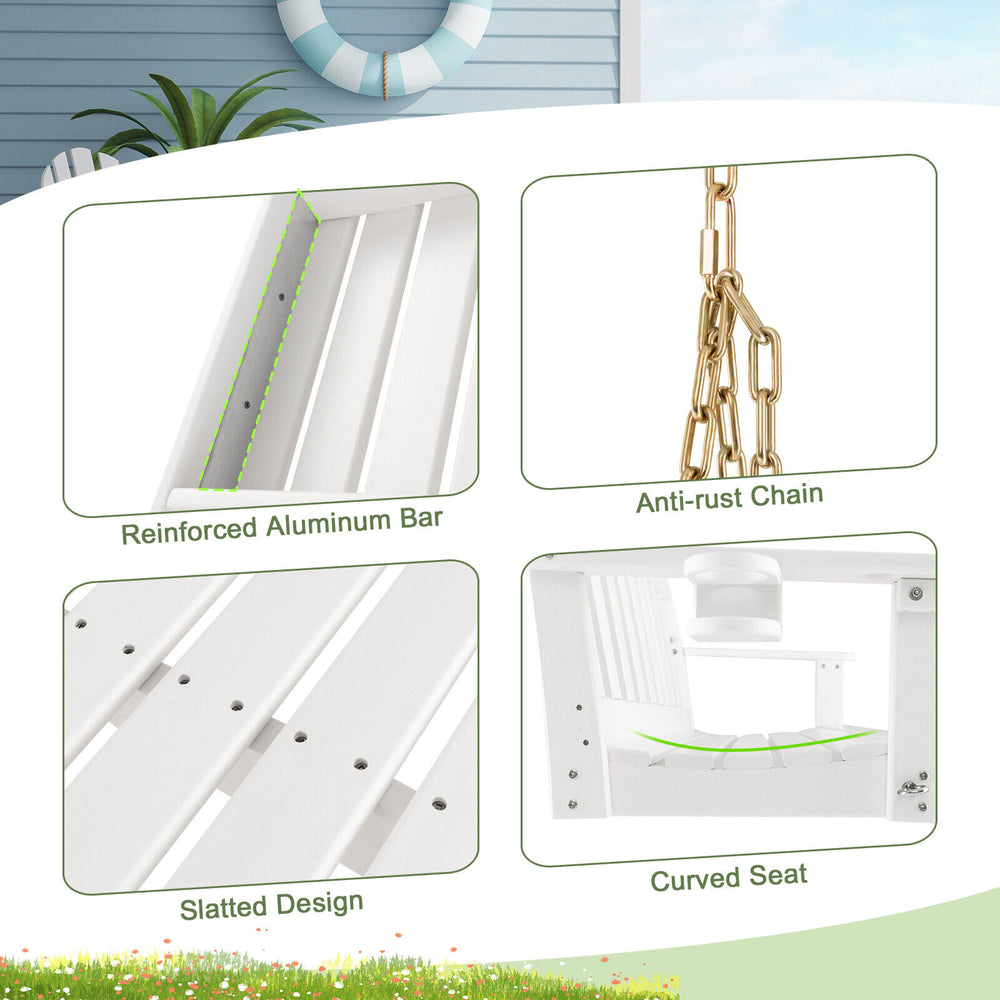 Detail of the reinforced aluminum bar and anti-rust chain on the 54-inch HDPE patio porch swing for outdoor durability.