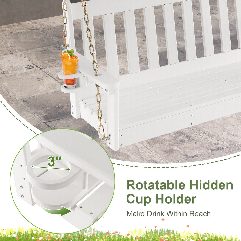 Rotatable hidden cup holder on the 54-inch white HDPE patio porch swing for easy drink access and comfort.