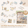 33-piece wooden dollhouse furniture set in green, featuring diverse layouts and movable stairs for interactive play.