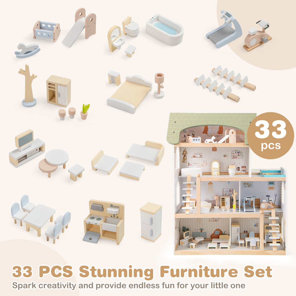 33-piece wooden dollhouse furniture set in green, featuring diverse layouts and movable stairs for interactive play.