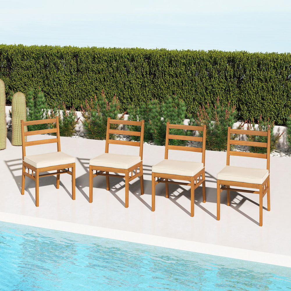Set of 4 outdoor wooden dining chairs with padded seat cushions, crafted from acacia wood for durability and comfort.