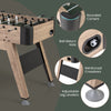 Foosball table with rounded corners, adjustable leg levelers, and ball return hole for enhanced gameplay experience.