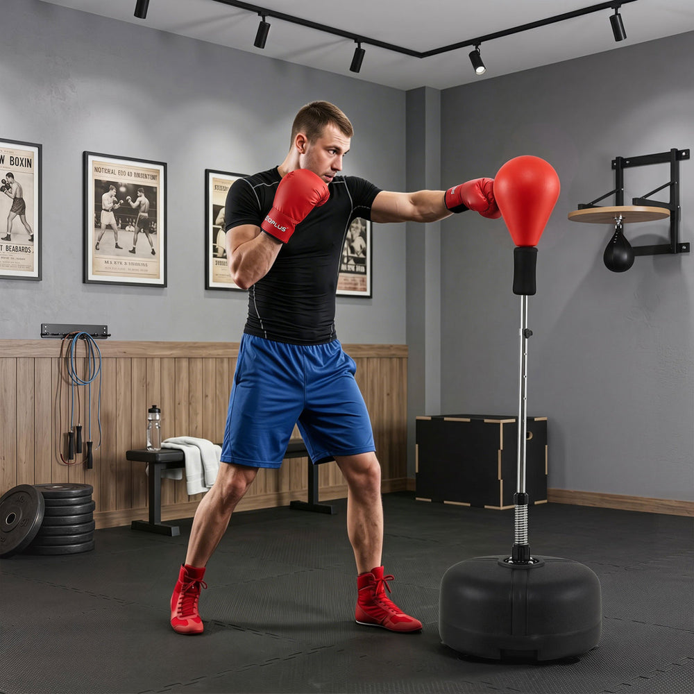 Height adjustable red punching bag with stand, designed for teens and adults, ideal for home and gym workouts.