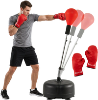 Height adjustable punching bag with reflex balls and wear-resistant gloves, ideal for home or gym training.