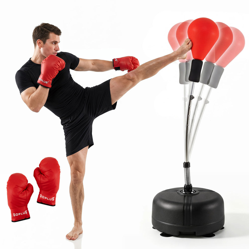 Height adjustable punching bag with reflex balls, wear-resistant gloves, and stable base for effective training.