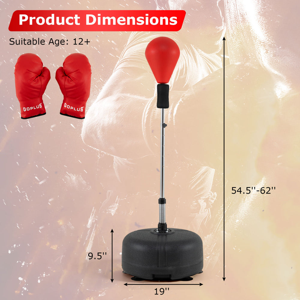 Height adjustable punching bag with a solid base, red reflex ball, and wear-resistant gloves for teens and adults.