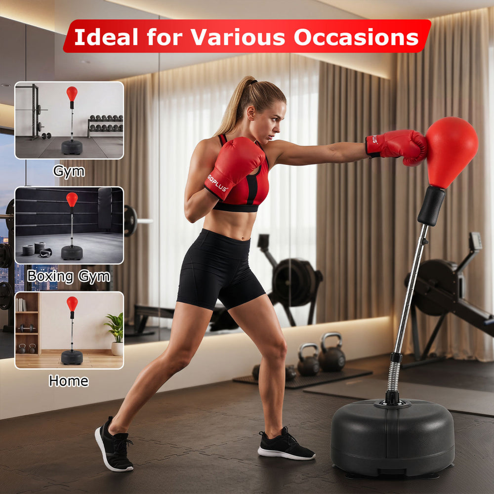 Height adjustable punching bag with a solid base and reflex ball, ideal for gym, boxing gym, and home workouts.