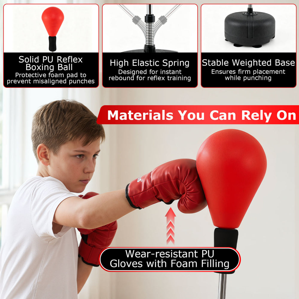 Height adjustable punching bag with a solid PU reflex ball and wear-resistant gloves, perfect for training at home or gym.