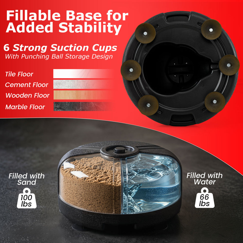 Height adjustable punching bag stand with fillable base, 6 suction cups, and durable PU materials for stability and training.