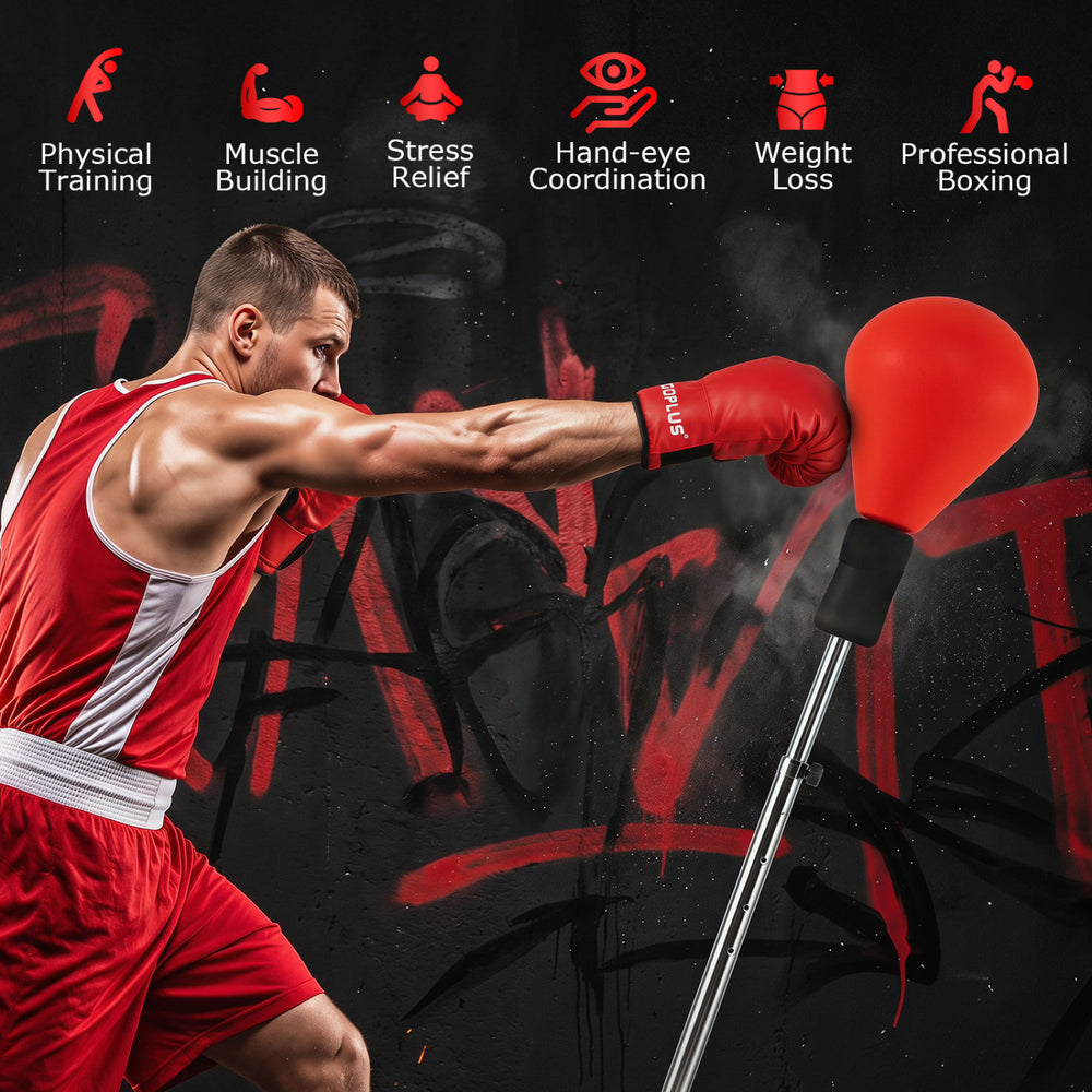 Height adjustable red punching bag with stand promotes physical training and stress relief for teens and adults.