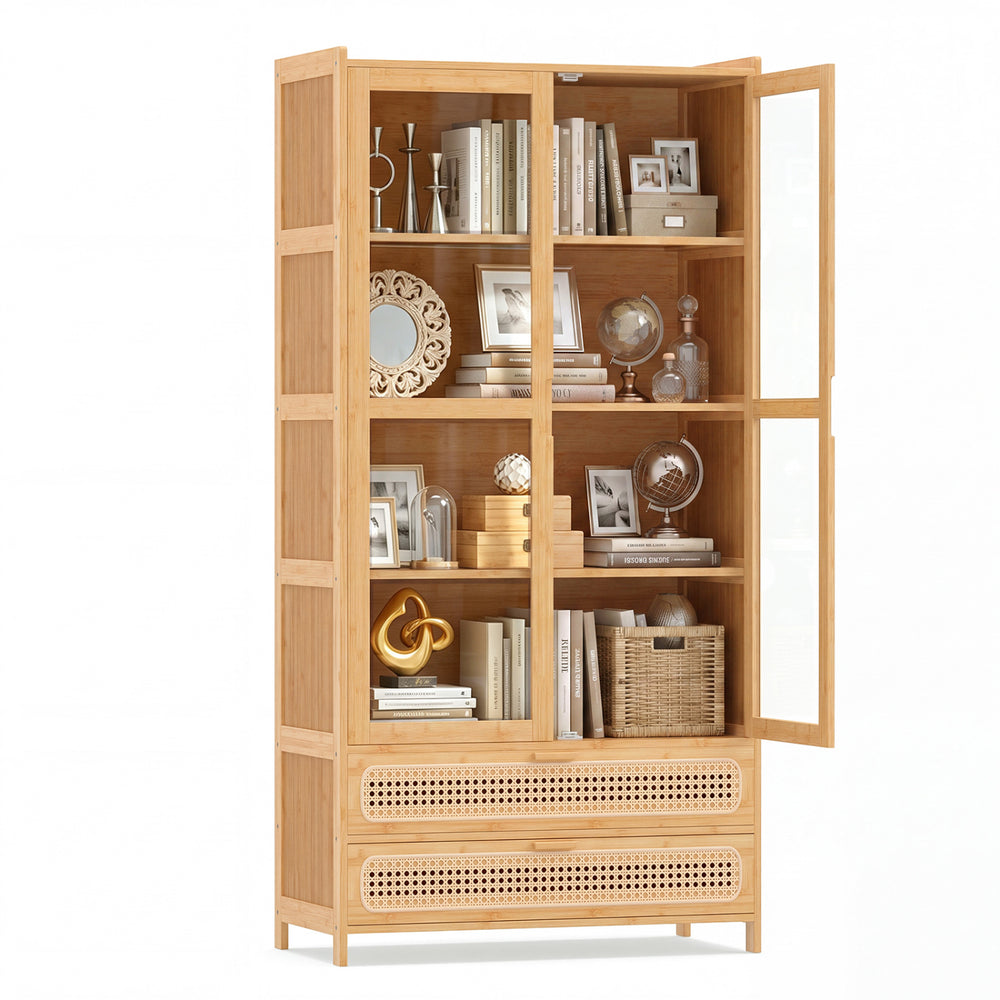 Bamboo bookshelf with 2 acrylic doors, 4 shelves, and 2 drawers, perfect for stylish storage in any room.