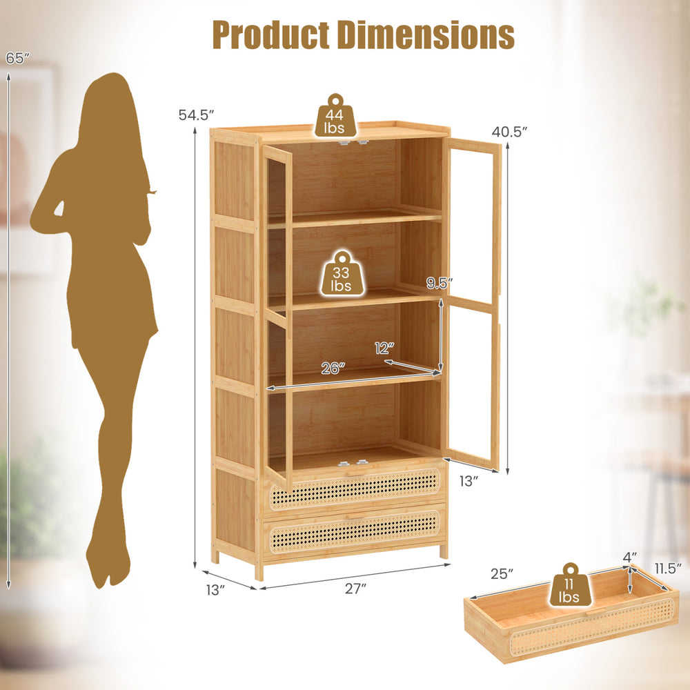 Bamboo bookshelf with 2 acrylic doors, 4 shelves, and 2 drawers, perfect for organized storage and stylish display.
