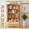 Bamboo bookshelf with 4-tier shelves and 2 pull-out drawers, featuring a spacious countertop for displaying decor items.