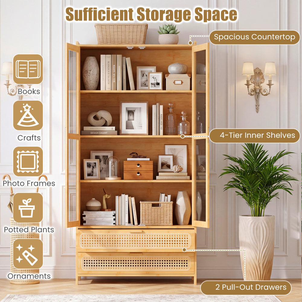 Bamboo bookshelf with 4-tier shelves and 2 pull-out drawers, featuring a spacious countertop for displaying decor items.
