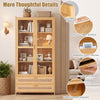 Bamboo bookshelf with 2 acrylic doors, 4 shelves, and 2 drawers, featuring rounded edges and a stylish rattan design.