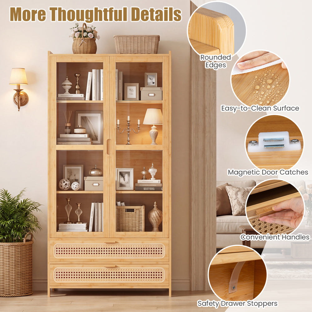Bamboo bookshelf with 2 acrylic doors, 4 shelves, and 2 drawers, featuring rounded edges and a stylish rattan design.