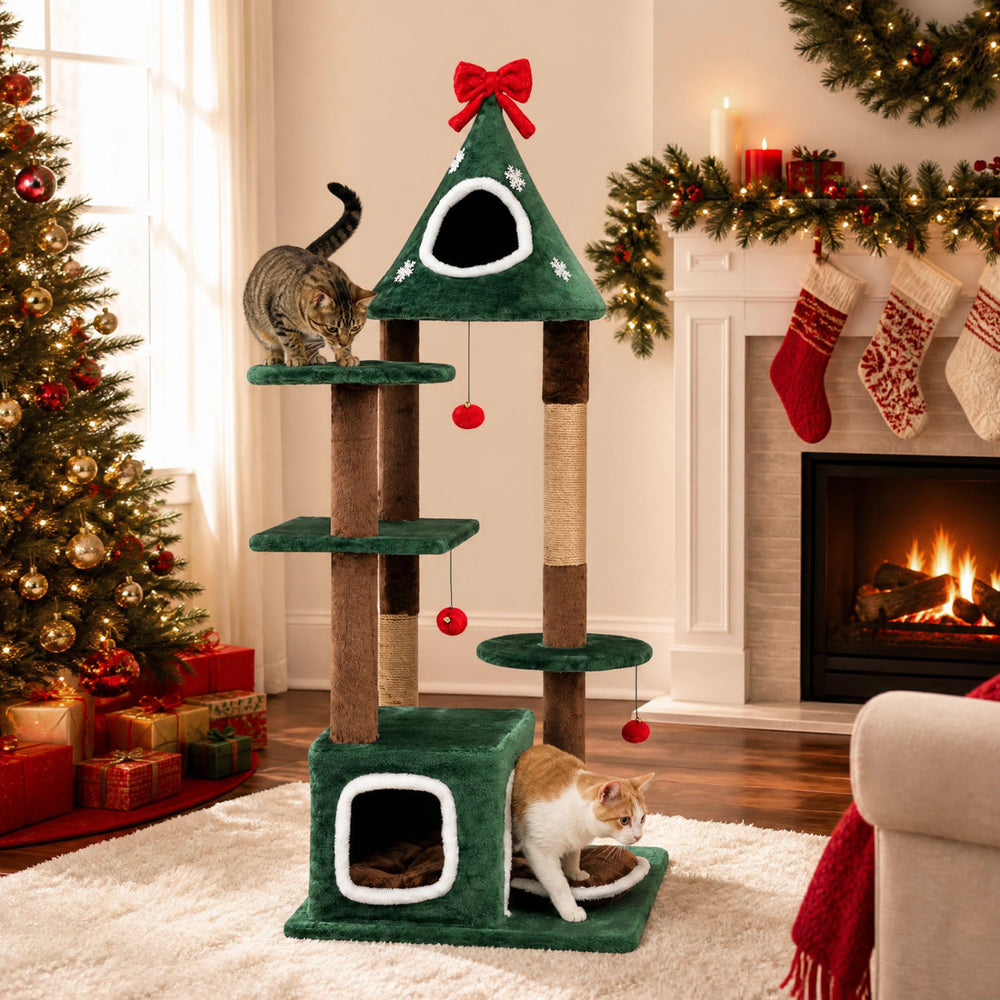 Christmas cat tree features a festive design with two condos, removable cushion, and jute scratching post for playful cats.
