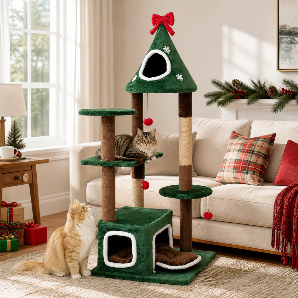Christmas cat tree with two condos, jute scratching post, and festive design for holiday fun and comfort.
