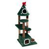 Christmas tree-shaped cat tree features two condos, jute scratching posts, and removable cushions for festive feline fun.