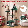 Christmas cat tree with two condos, removable cushion, and anti-toppling device for safe and festive feline fun.
