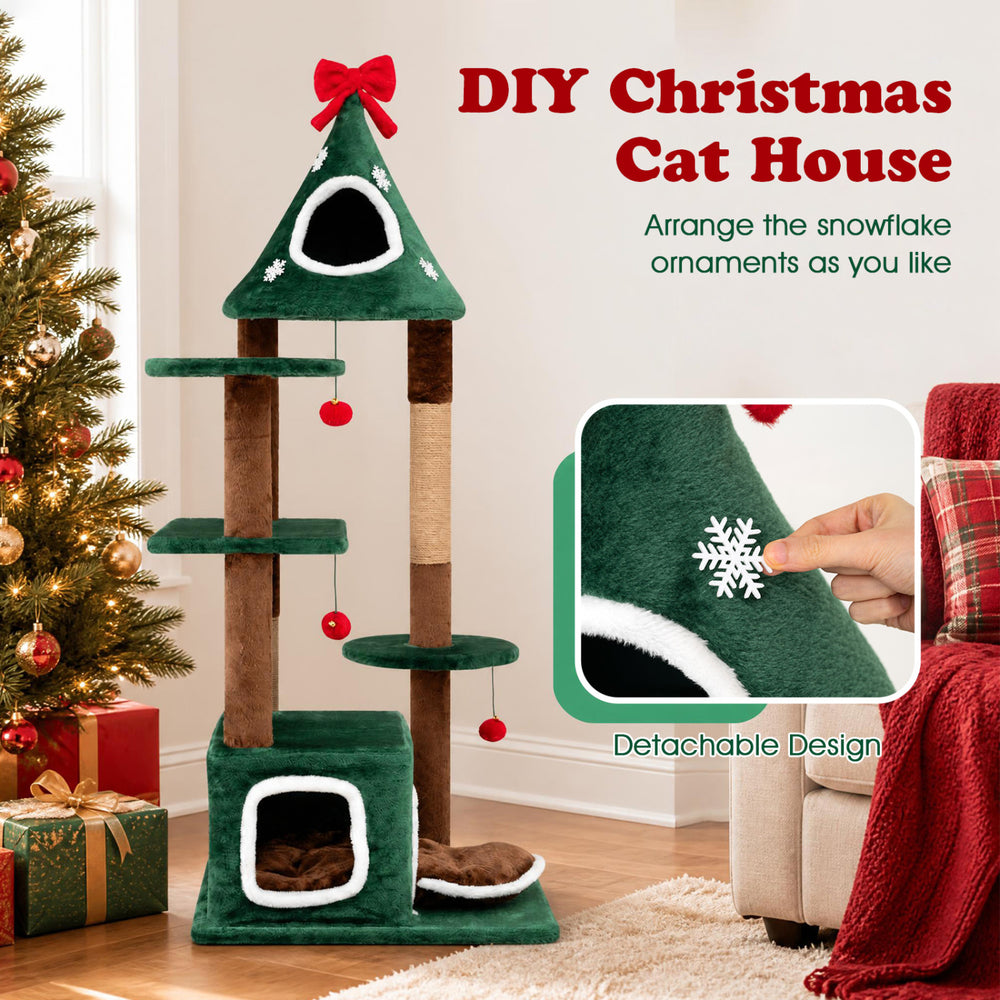 Christmas tree-shaped cat tree features 2 condos, removable cushion, and detachable snowflake ornaments for festive fun.