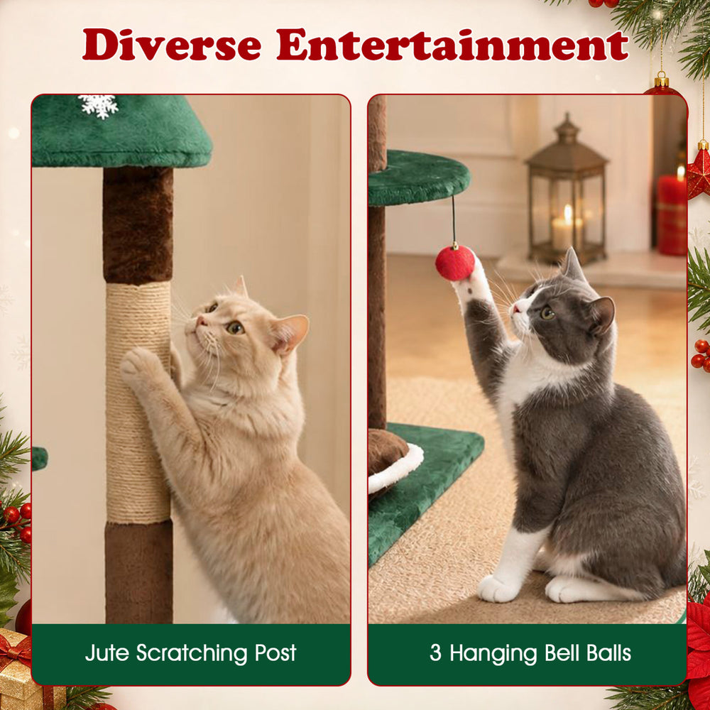 Jute scratching post and three hanging bell balls on a 54" Christmas cat tree with two condos for festive fun.