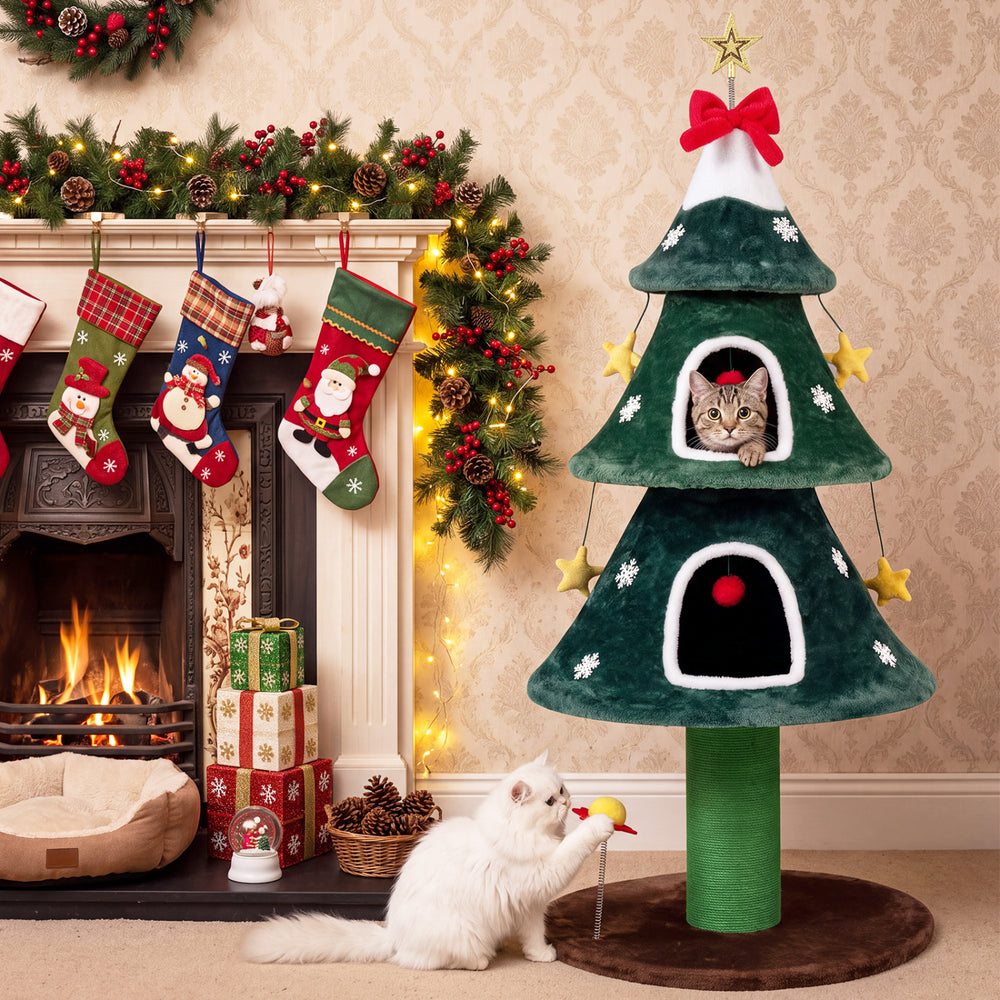 Christmas cat tree featuring two condos, multi-level platforms, and playful toys for indoor cats' enjoyment.