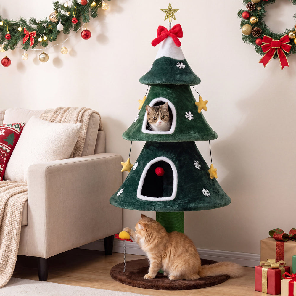 Christmas cat tree with a playful design, featuring two condos, plush fabric, and interactive hanging toys for cats.