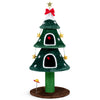 Christmas cat tree showcasing plush fabric, two private condos, and vibrant hanging stars for festive feline fun.
