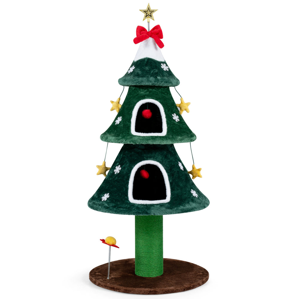 Christmas cat tree showcasing plush fabric, two private condos, and vibrant hanging stars for festive feline fun.