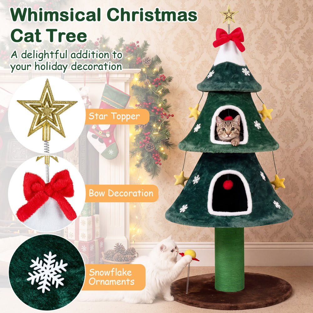 54-inch Christmas cat tree features two private condos, multi-level platforms, and playful hanging decorations for indoor cats.