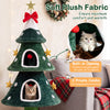 Christmas cat tree featuring soft plush fabric, two private condos, and a built-in opening for playful exploration.